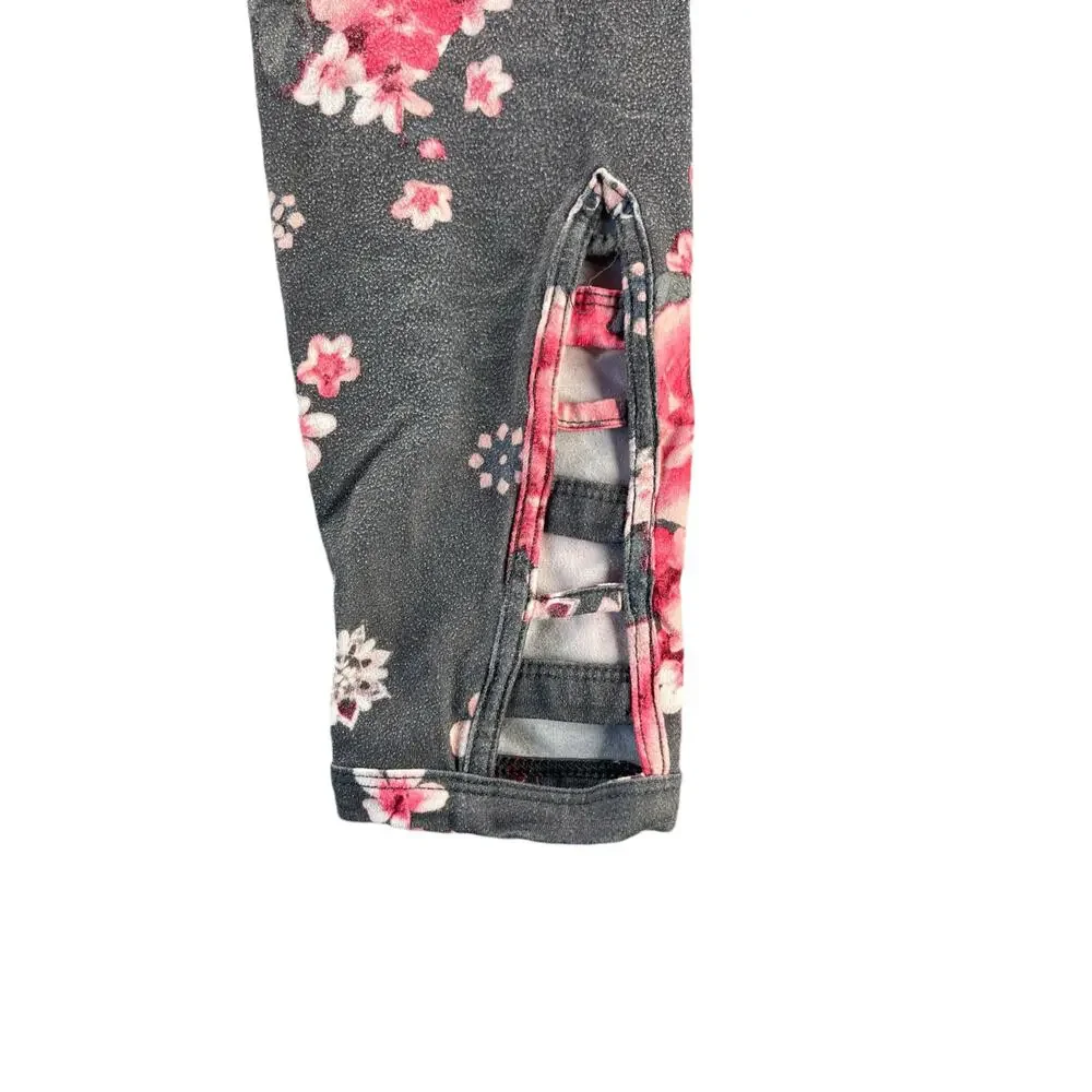 Justice Girls Gray Pink Floral Print Pull-On Fitted Leggings Youth Size 10